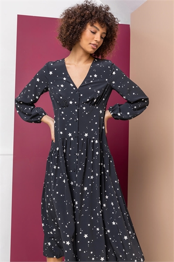 Black Star Print Fit & Flare Midi Dress, Image 1 of 5
