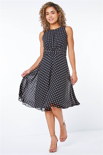 Black Petite Polka Dot Buckle Dress , Image 1 of 5