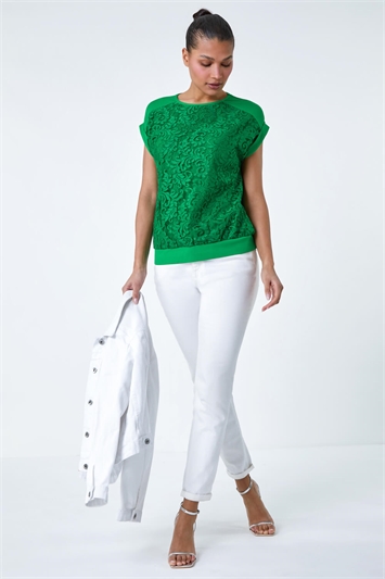 Green Lace Panel Stretch Jersey Top