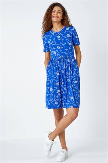 Blue Floral Pocket Stretch T-Shirt Dress