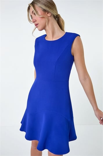 Blue Plain Sleeveless Skater Dress