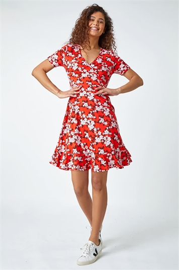 Red Floral Print Wrap Stretch Dress