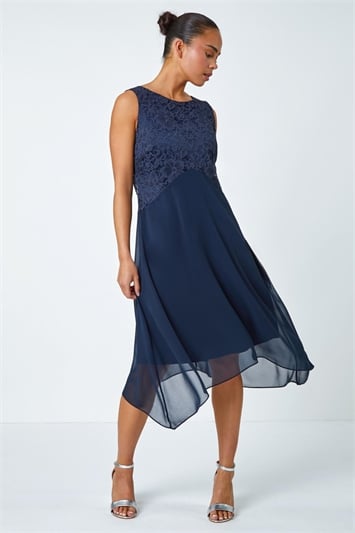 Blue Petite Lace Bodice Chiffon Dress