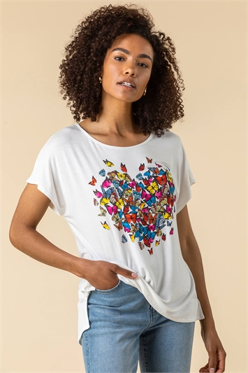 Ivory Butterfly Heart Print T-Shirt