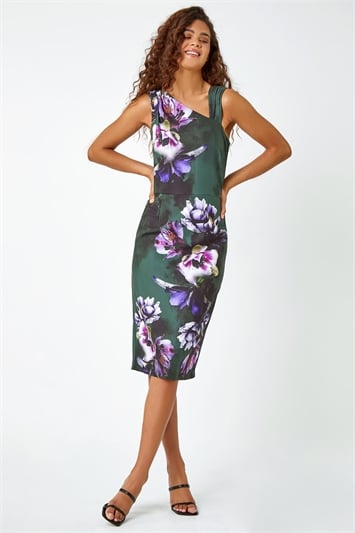Green Floral Asymmetric Pleat Detail Stretch Dress