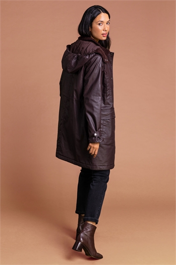 Chocolate Waxed Longline Hooded Coat , Image 3 of 4