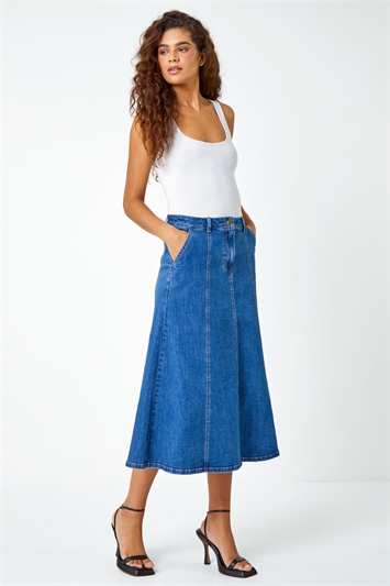 Blue Cotton Denim Panelled Midi Skirt