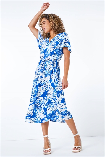 Blue Petite Tropical Tie Detail Midi Dress, Image 5 of 5