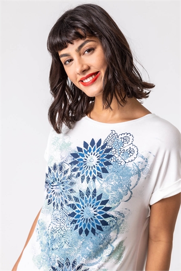 Blue Paisley Print Embellished T-Shirt