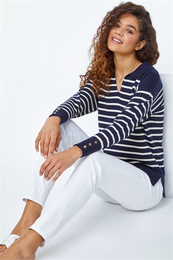Blue Relaxed Polo Neck Striped Jumper