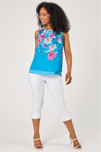 Turquoise Petite Floral Print Chiffon Overlay Top, Image 3 of 5