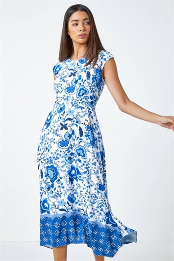 Blue Sleeveless Floral Border Print Midi Dress