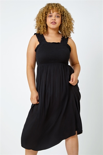 Black Curve Sleeveless Shirred Midi Stretch Dress