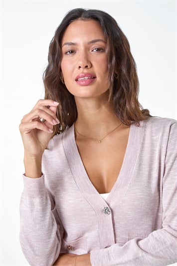Pink Faux Pearl Shimmer Diamante Button Cardigan