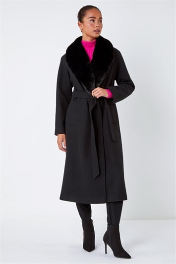 Black Petite Faux Fur Collar Longline Coat