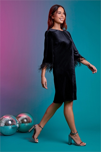 Black Petite Velvet Feather Trim Stretch Dress