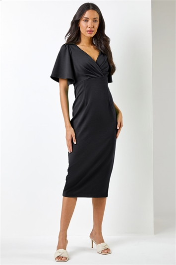 Black Gathered Wrap Front Midi Dress, Image 3 of 5