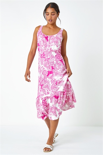 Pink Paisley Frill Hem Stretch Midi Dress