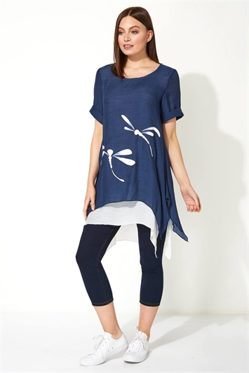 Blue Dragonfly Print Asymmetric Tunic Top, Image 2 of 4