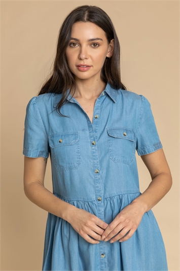 Light Blue Denim Buttoned Midi Shirt Dress, Image 4 of 5
