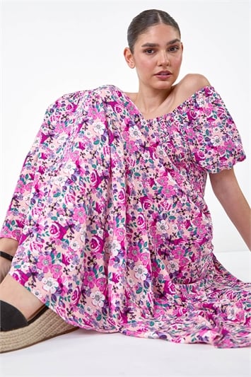 Pink Ditsy Floral Shirred Bardot Tiered Dress