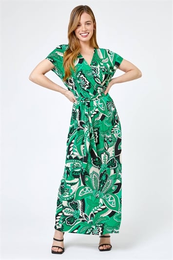 Green Petite Paisley Print Tie Waist Maxi Dress