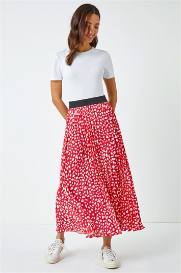 Red Abstract Spot Pleated Midi Skirt