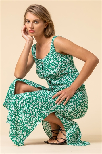 Green Ditsy Floral Button Through Dress, Image 5 of 5