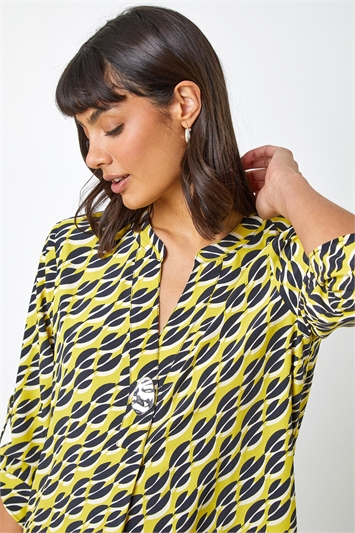 Lime Geo Print Longline Button Detail Top, Image 4 of 5