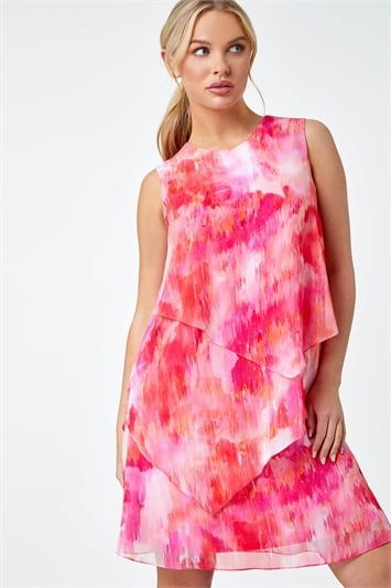 Pink Petite Abstract Tiered Chiffon Dress