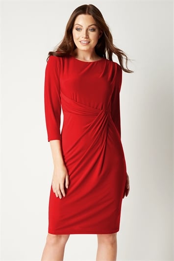 Red 3/4 Sleeve Twist Waist Dress