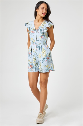 Light Blue Floral Print Frill Playsuit, Image 1 of 2