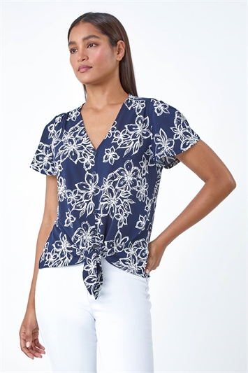 Blue Textured Floral Print Tie Front Top