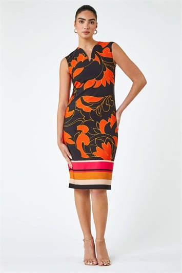 Orange Limited Floral Print Premium Stretch Dress