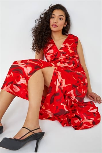Red Sleeveless Marble Print Midi Dress