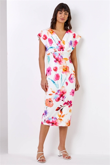 Ivory Floral Print Cross Front Midi Dress, Image 3 of 4