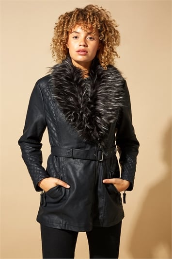 Black Longline Faux Leather Belted Coat