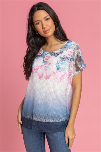 Blue Mesh Overlay Floral Ombre T-Shirt
