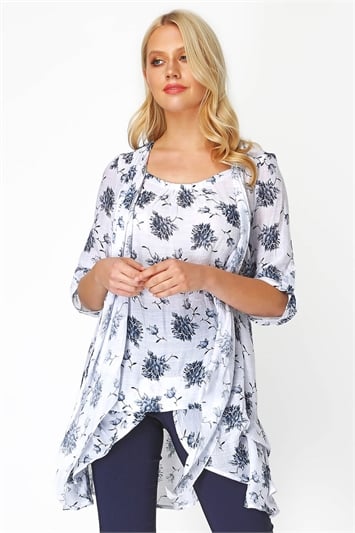 Blue Floral Print Crinkle Tunic Top