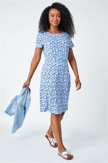 Blue Ditsy Floral Pocket Stretch Dress
