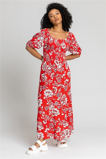 Red Petite Floral Print Shirred Bodice Maxi Dress, Image 3 of 5