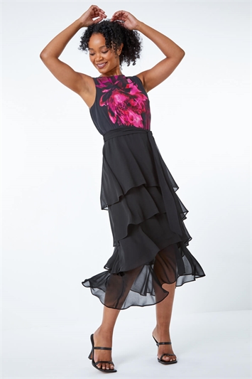 Black Petite Floral Print Tiered Dress