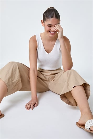 Cream Elastic Waist Wide Leg Cotton Cropped Culottes