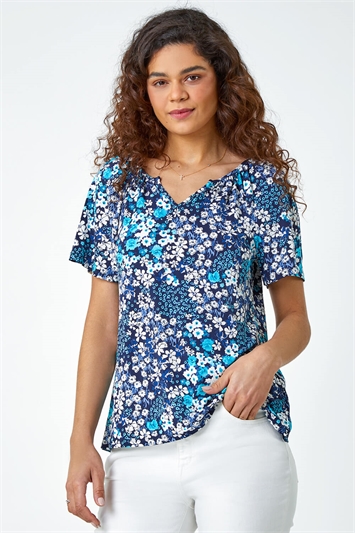 Blue Textured Floral Print V-Neck Stretch T-Shirt
