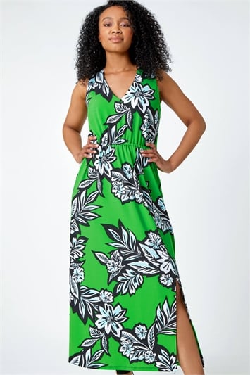 Green Petite Floral Print Stretch Maxi Dress