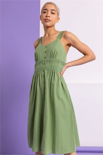 Pea Green Shirred Lace Detail Sundress, Image 1 of 6
