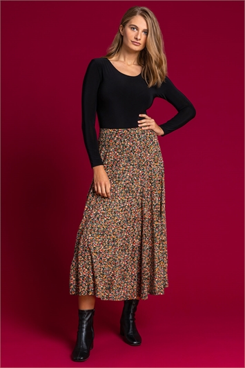Multi Ditsy Floral Burnout Midi Skirt, Image 4 of 5