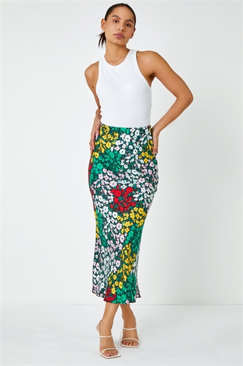 Multi Contrast Floral Elastic Waist Midi Skirt