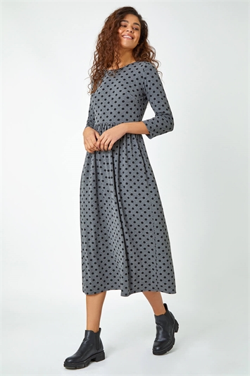 Grey Polka Dot Print Midi Stretch Dress
