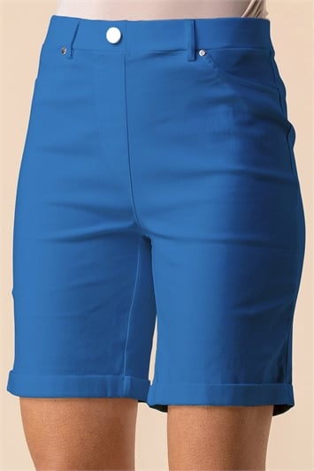 Petrol Blue Turned Hem Stretch Shorts, Image 1 of 4